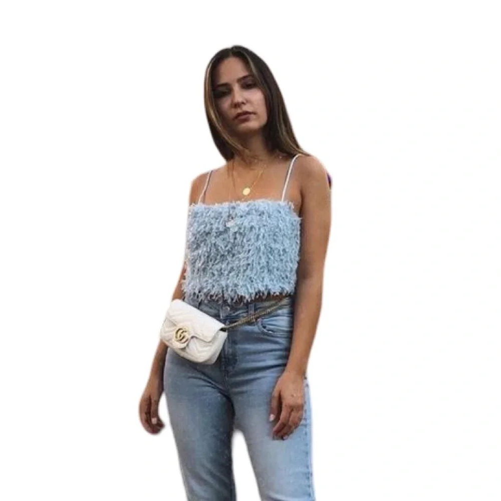 Zara Baby Blue Feather Crop Top SZ Small Old Money Glam Aesthetic Bougie Beach - Picture 4 of 13